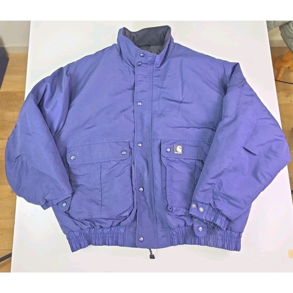 Vtg Rare Carhartt Mens 2XL Blue Nylon Work Coat Jacket Quilted Warm Heavy Duty